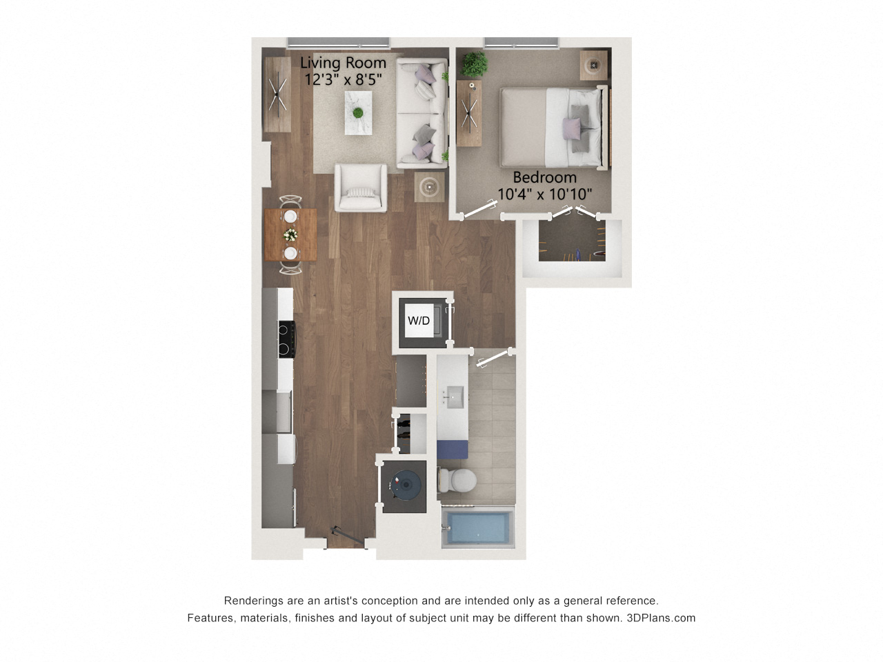 Floor plan for 1 bed, 1 bath, 705 sqft