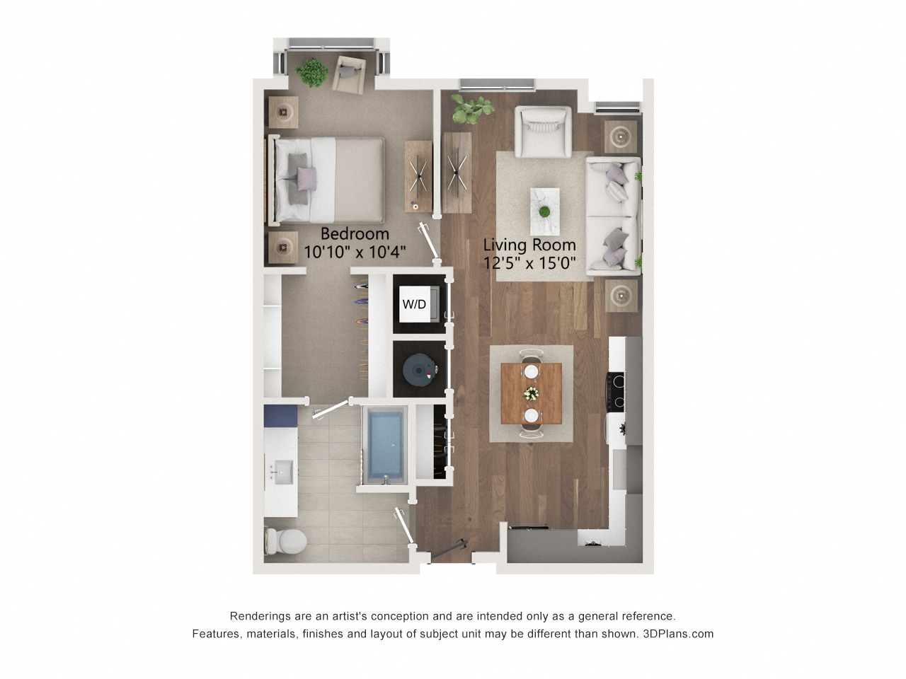 Floor plan for 1 bed, 1 bath, 725 sqft