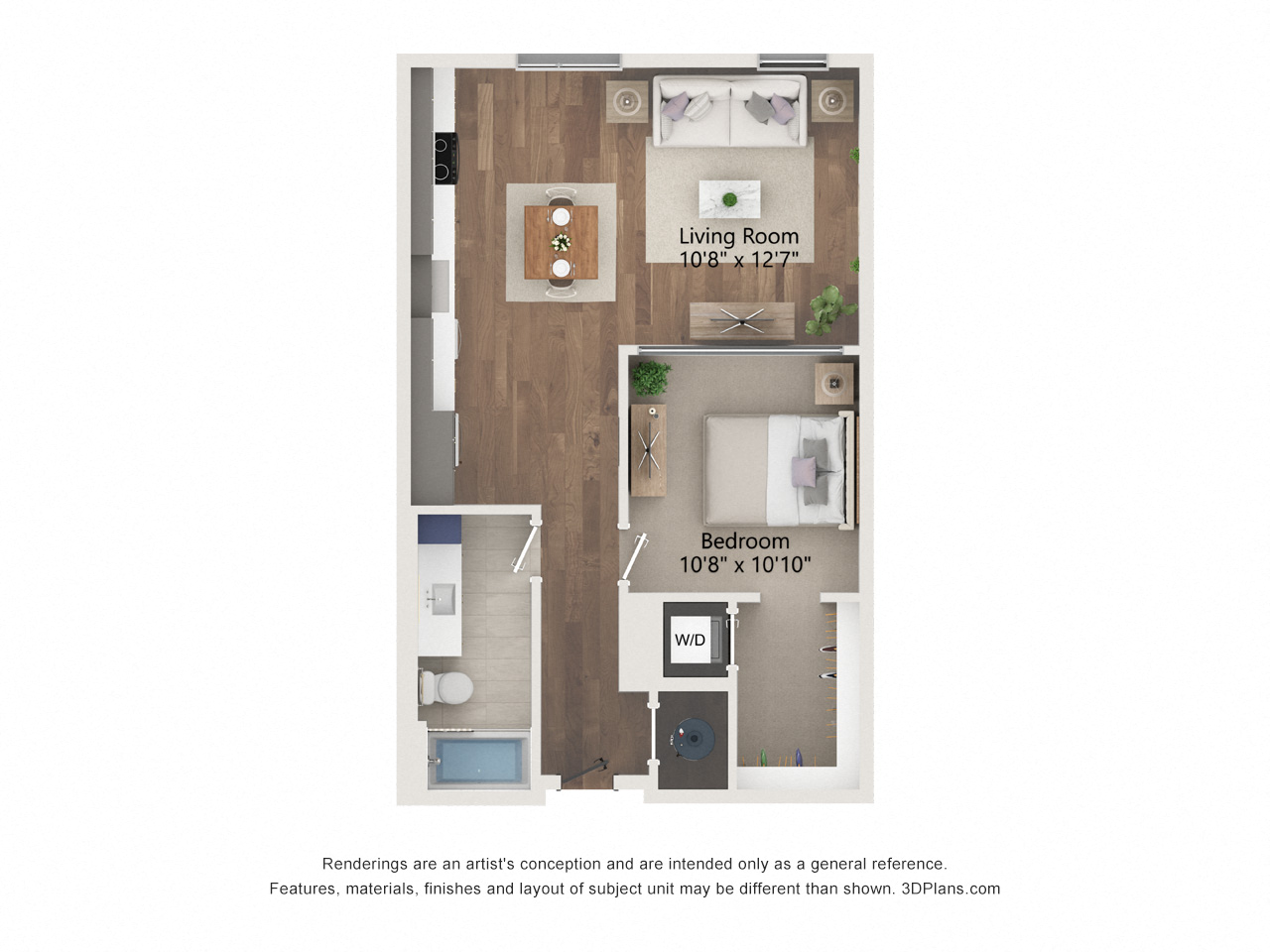 Floor plan for 1 bed, 1 bath, 734 sqft