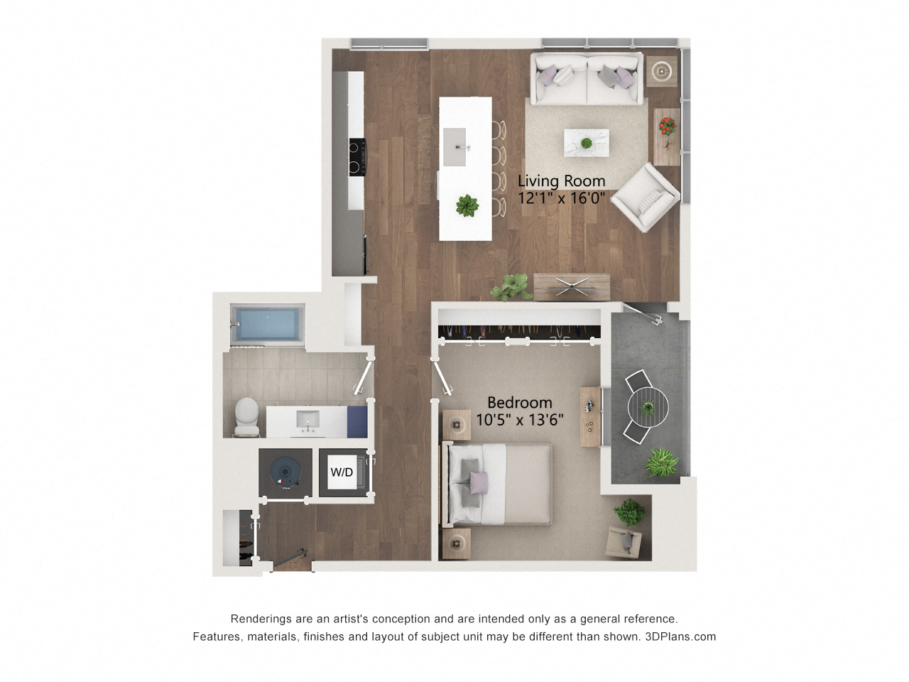 Floor plan for 1 bed, 1 bath, 832 sqft