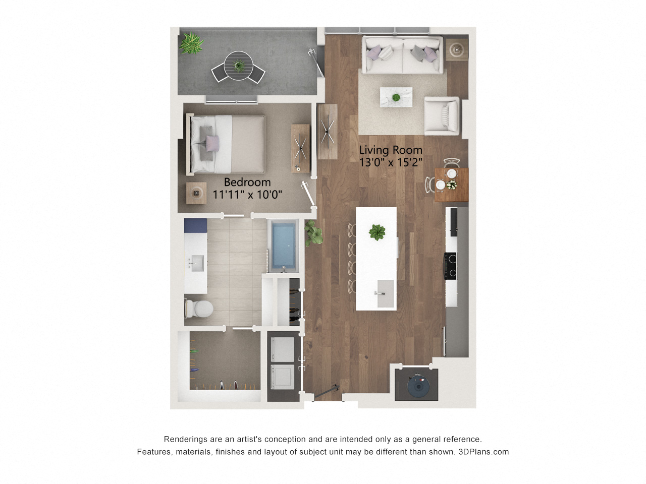 Floor plan for 1 bed, 1 bath, 838 sqft