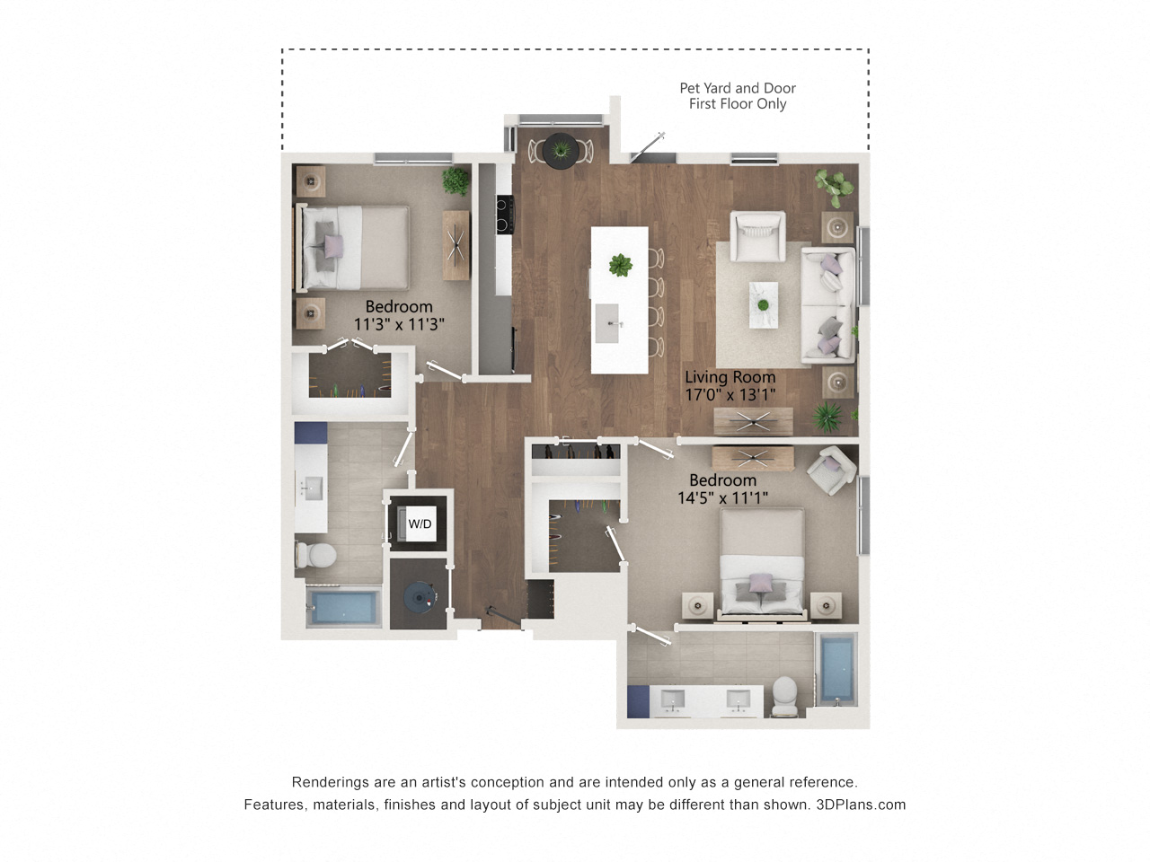 Floor plan for 2 beds, 2 baths, 1163 sqft