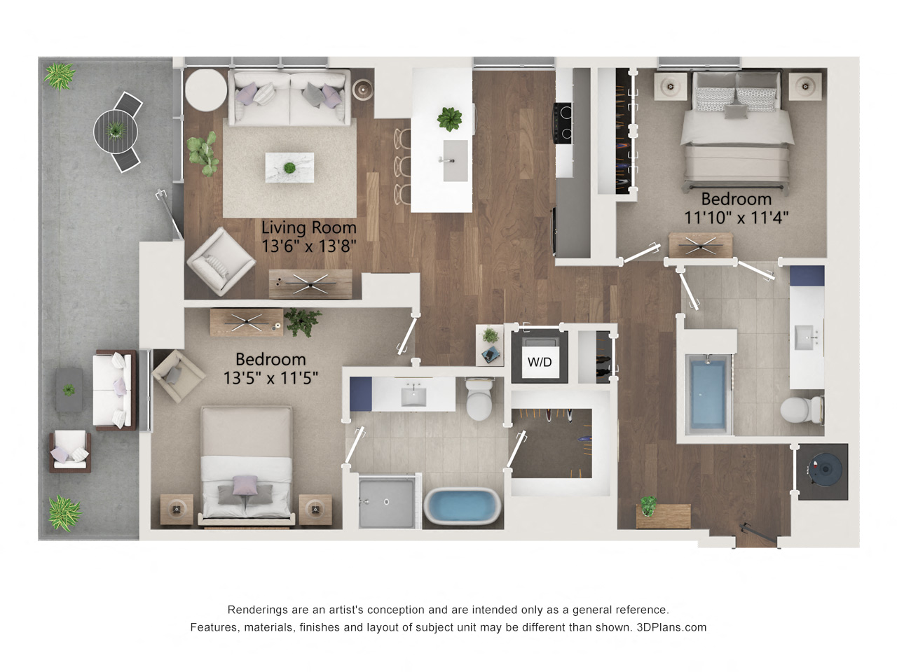 Floor plan for 2 beds, 2 baths, 1175 sqft