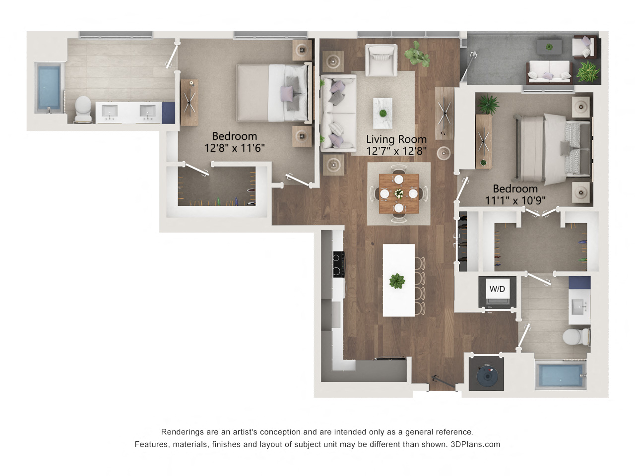 Floor plan for 2 beds, 2 baths, 1218 sqft