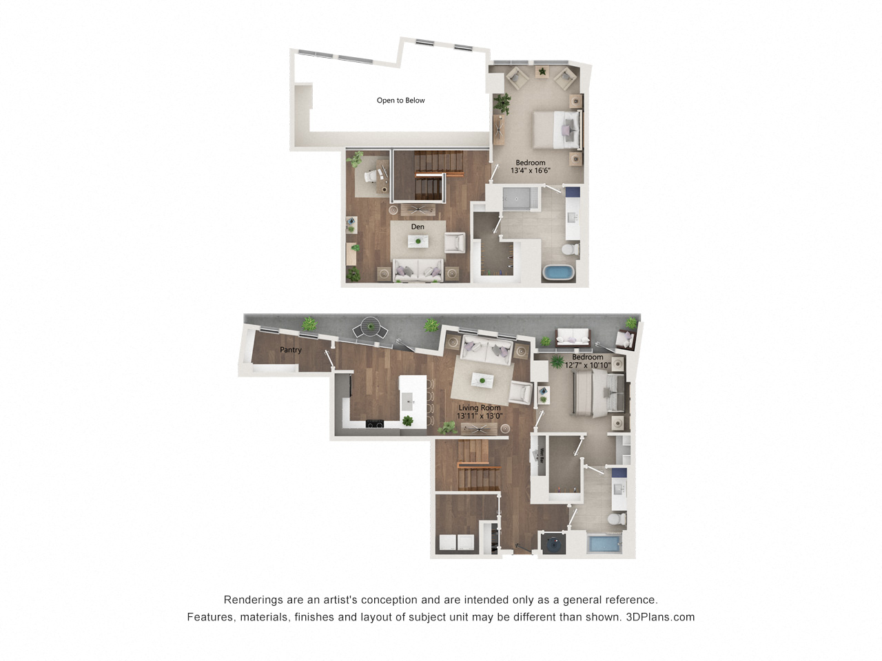 Floor plan for 2 beds, 2 baths, 1827 sqft