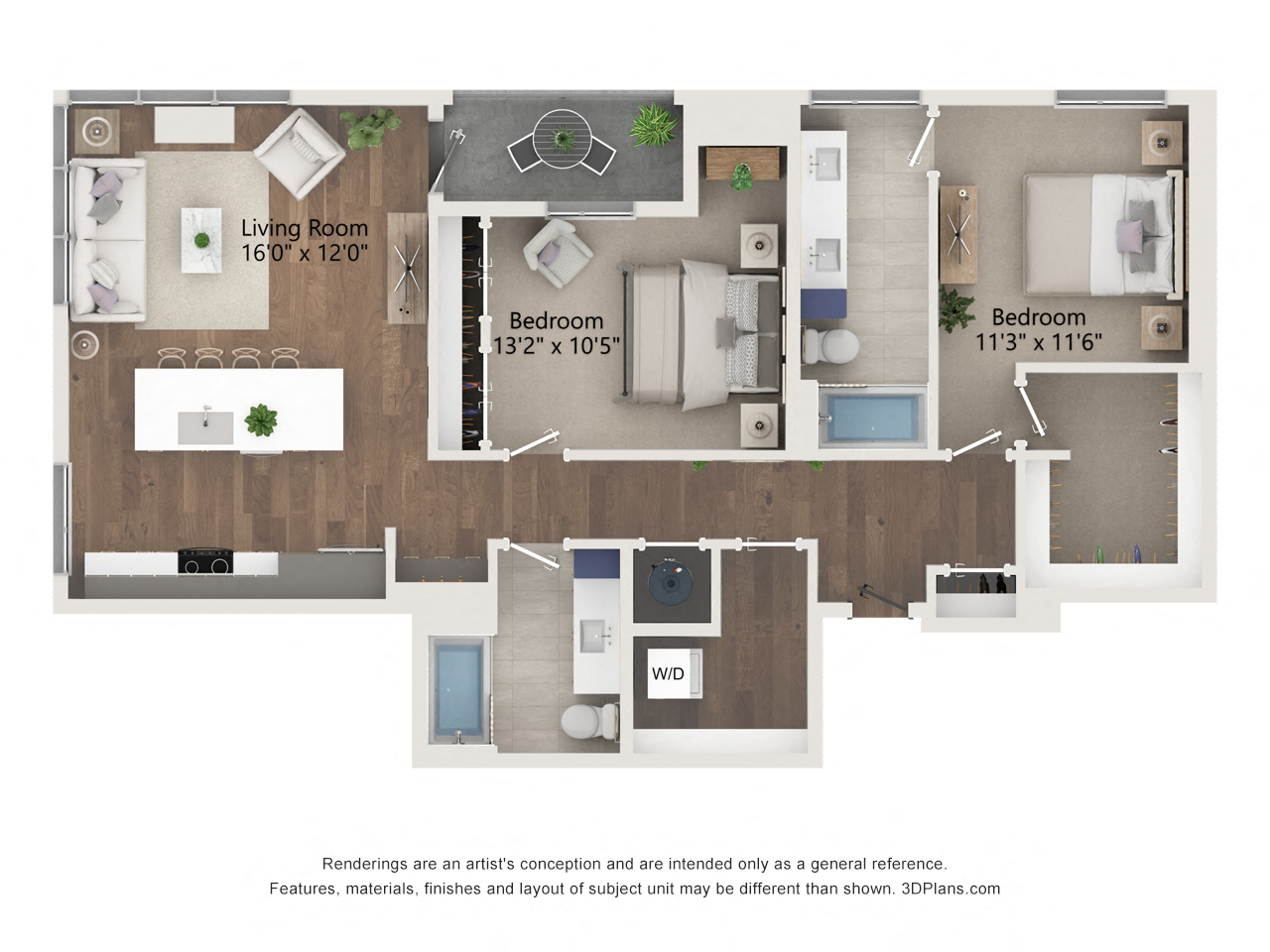 Floor plan for 2 beds, 2 baths, 1257 sqft