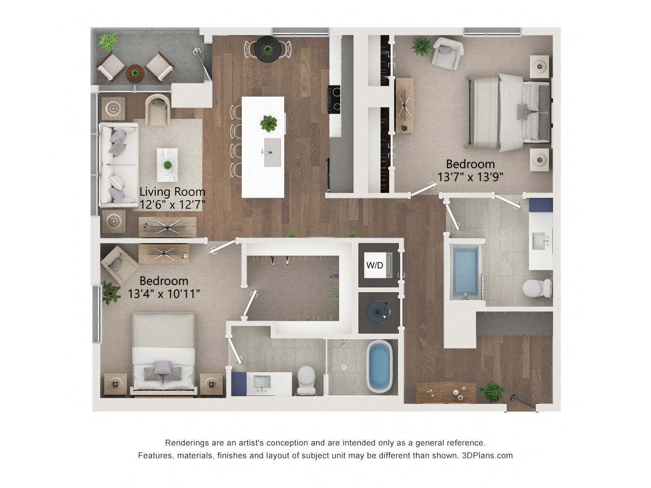 Floor plan for 2 beds, 2 baths, 1272 sqft
