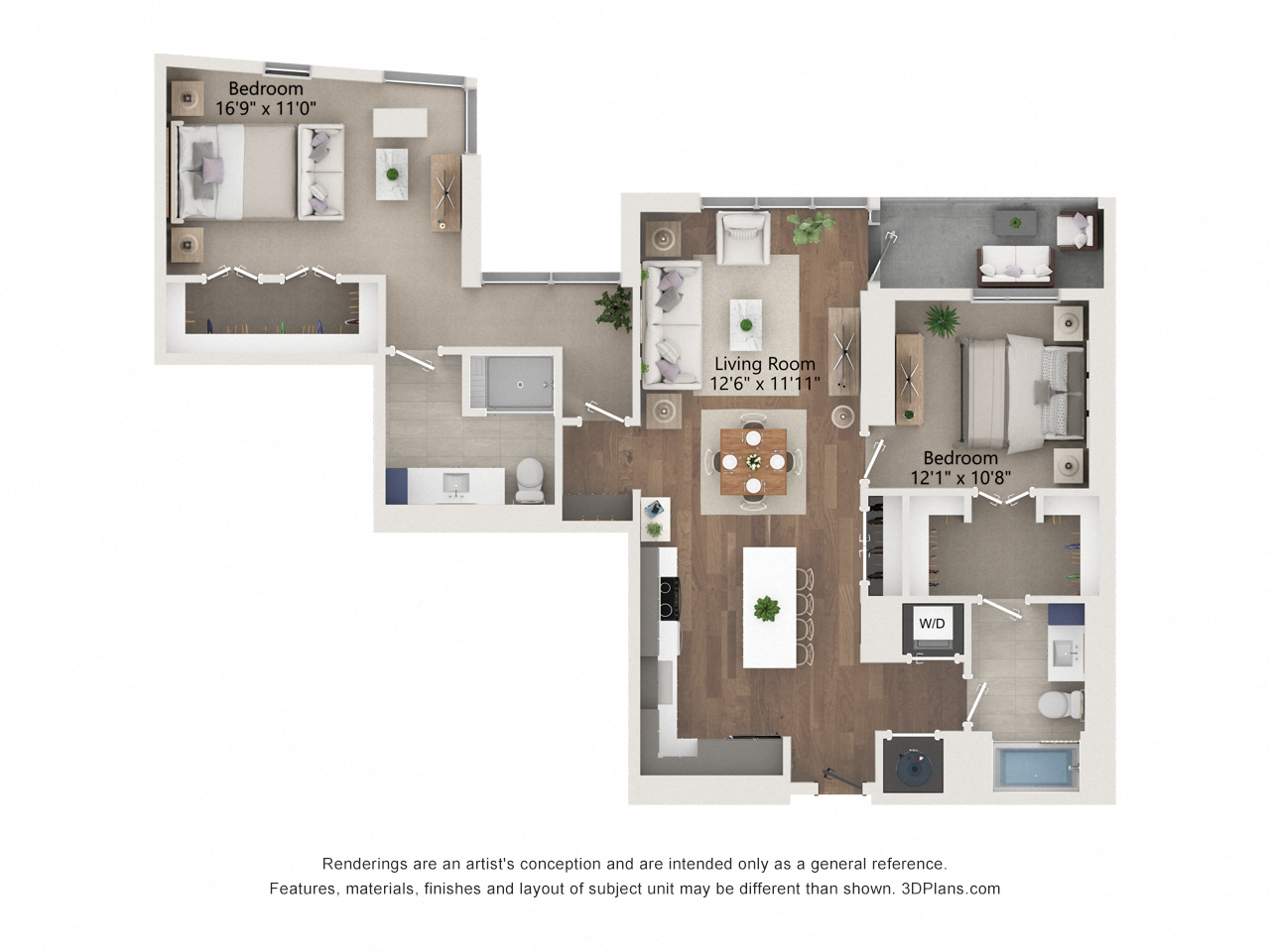 Floor plan for 2 beds, 2 baths, 1311 sqft