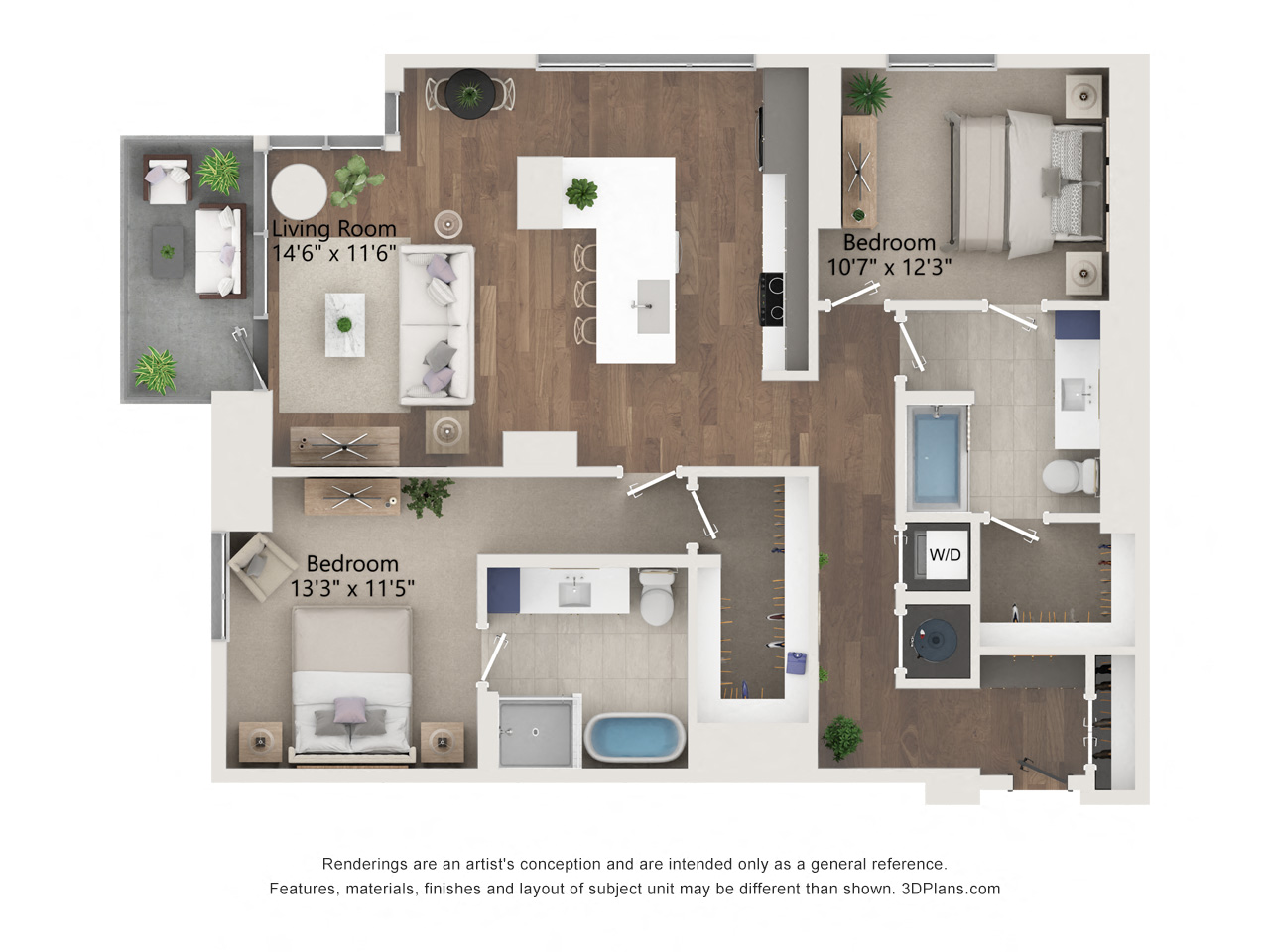 Floor plan for 2 beds, 2 baths, 1329 sqft