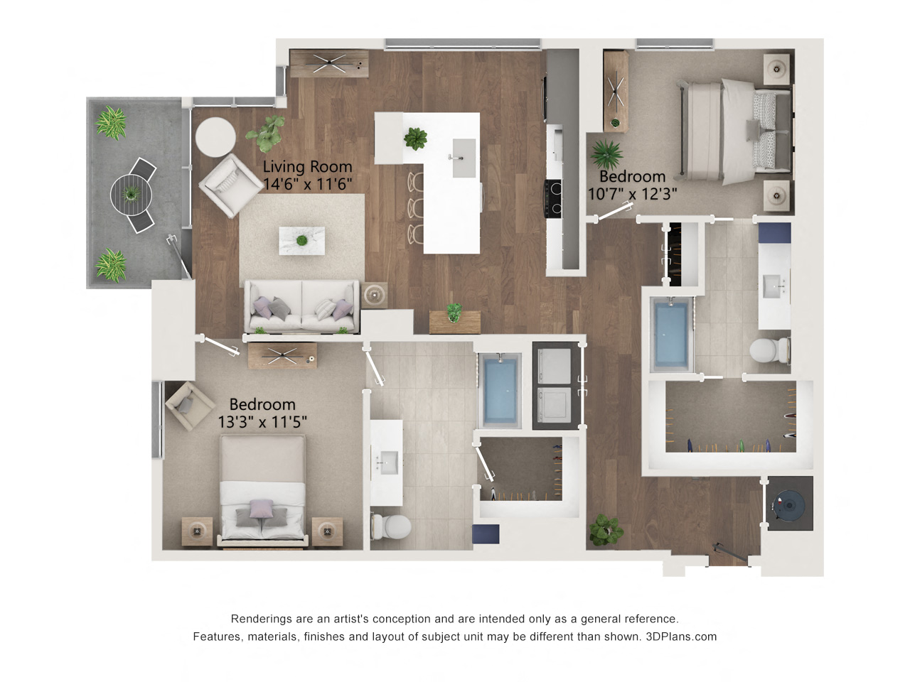 Floor plan for 2 beds, 2 baths, 1329 sqft
