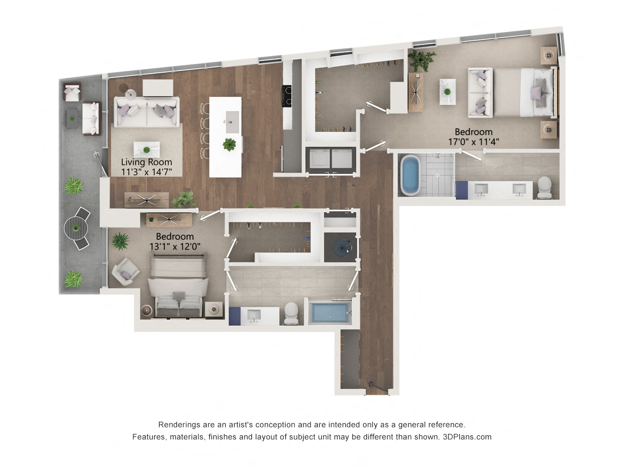 Floor plan for 2 beds, 2 baths, 1366 sqft