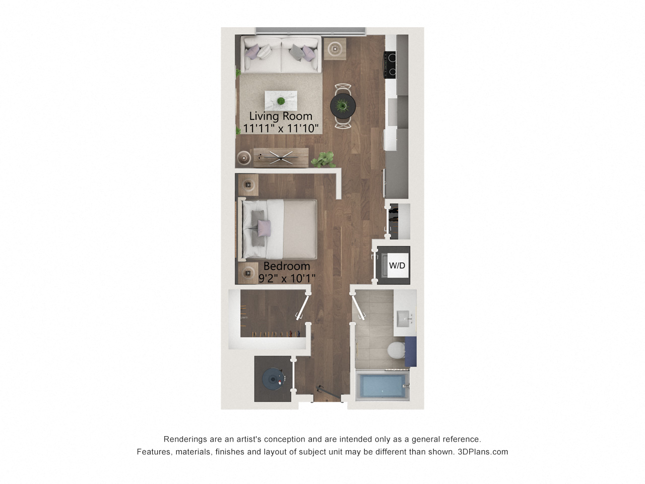 Floor plan for studio, 1 bath, 607 sqft