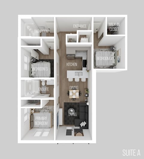 Floor plan for 3 beds, 2 baths, 930 sqft
