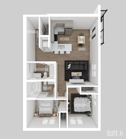 Floor plan for 2 beds, 2 baths, 853 sqft
