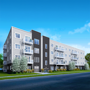 Winnipeg apartment for rent - A modern apartment building with balconies and doors numbered 333.