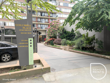 Vancouver apartment for rent - A sign for Columbia Place apartments is displayed in front of a building.