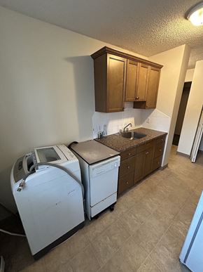 Calgary apartment for rent - a kitchen with a washer and dryer in it