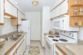 Omaha apartment for rent - a kitchen with a stove microwave and a sink