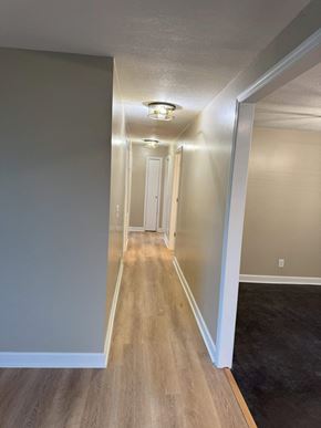 Gray house for rent - a hallway with wood floors and grey walls and a white door