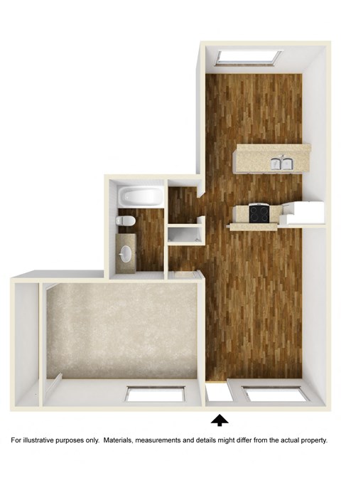 Floor plan for 1 bed, 1 bath, 744 sqft