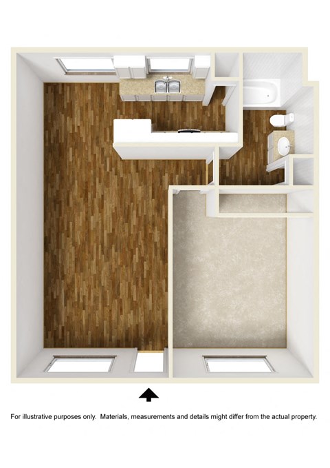 Floor plan for 1 bed, 1 bath, 728 sqft