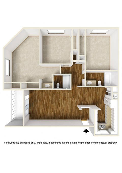 Floor plan for 3 beds, 2 baths, 1288 sqft