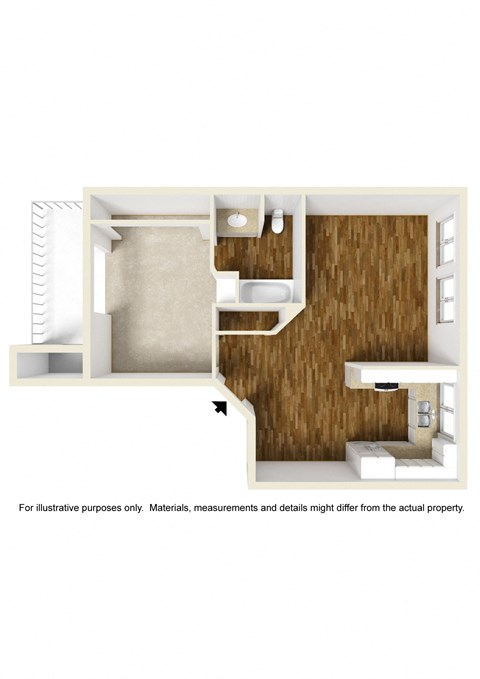 Floor plan for 1 bed, 1 bath, 650 sqft