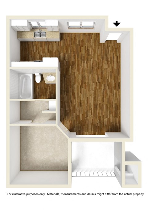 Floor plan for 1 bed, 1 bath, 539 sqft