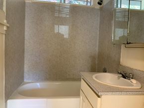 Victoria apartment for rent - A white sink is on a countertop in a bathroom.
