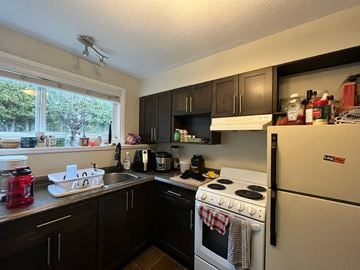 Victoria apartment for rent - A kitchen with a white stove and black cabinets.