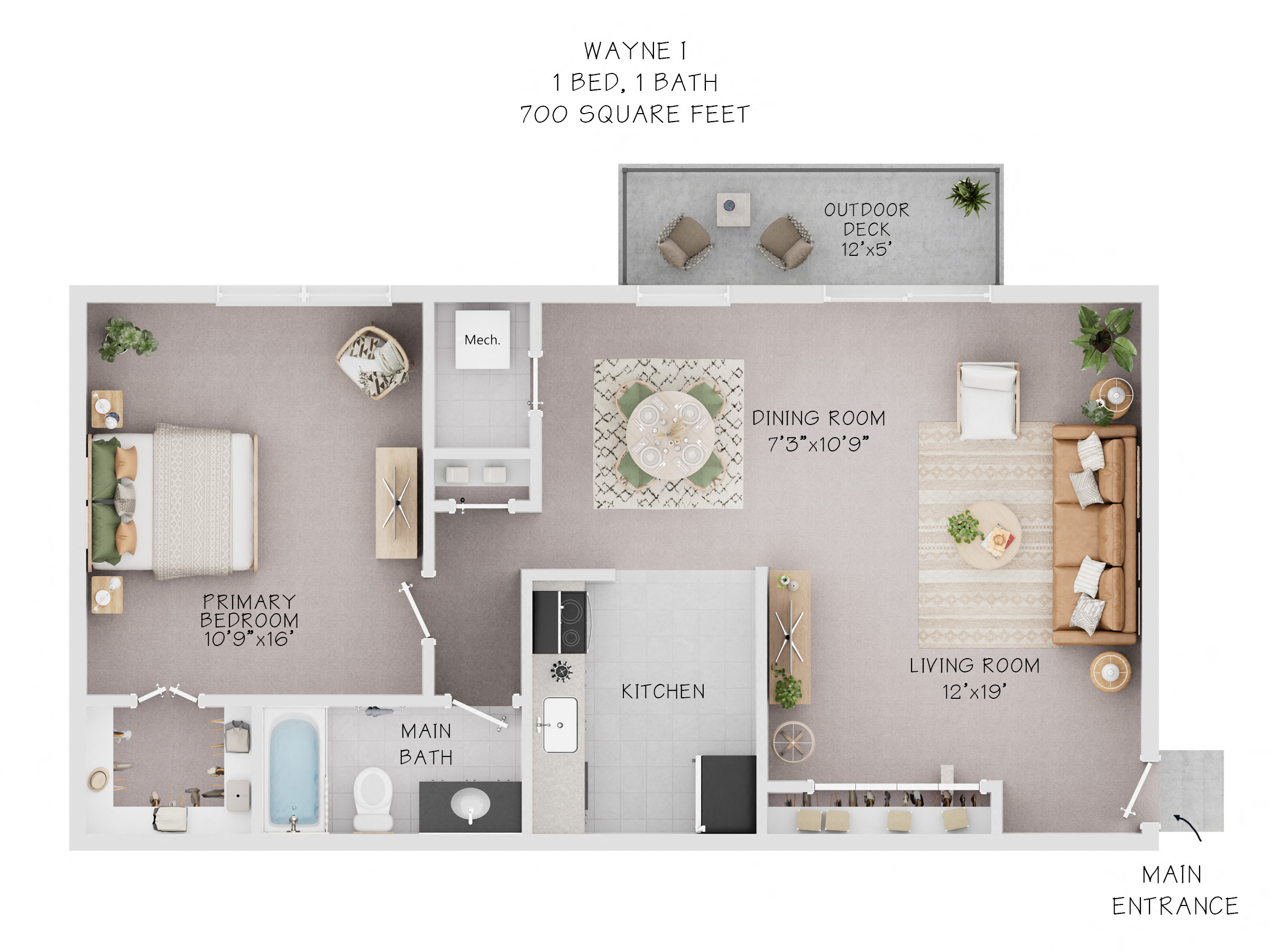 Floor plan for 1 bed, 1 bath, 700 sqft