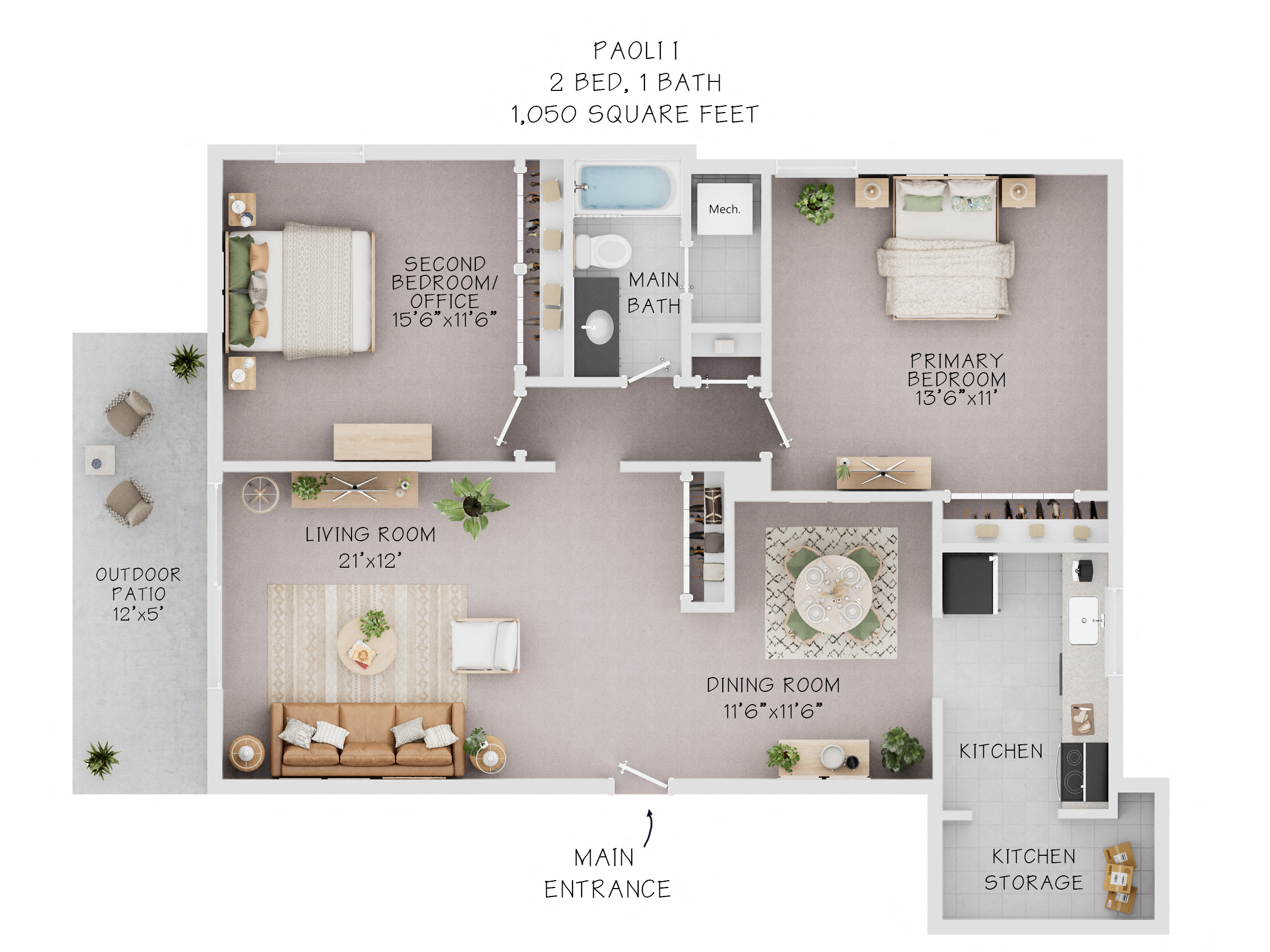 Floor plan for 2 beds, 1 bath, 1050 sqft