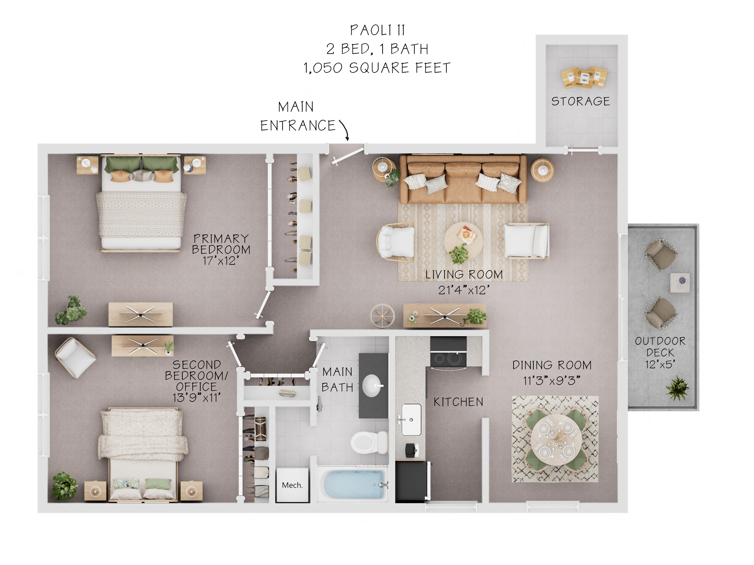 Floor plan for 2 beds, 1 bath, 1050 sqft
