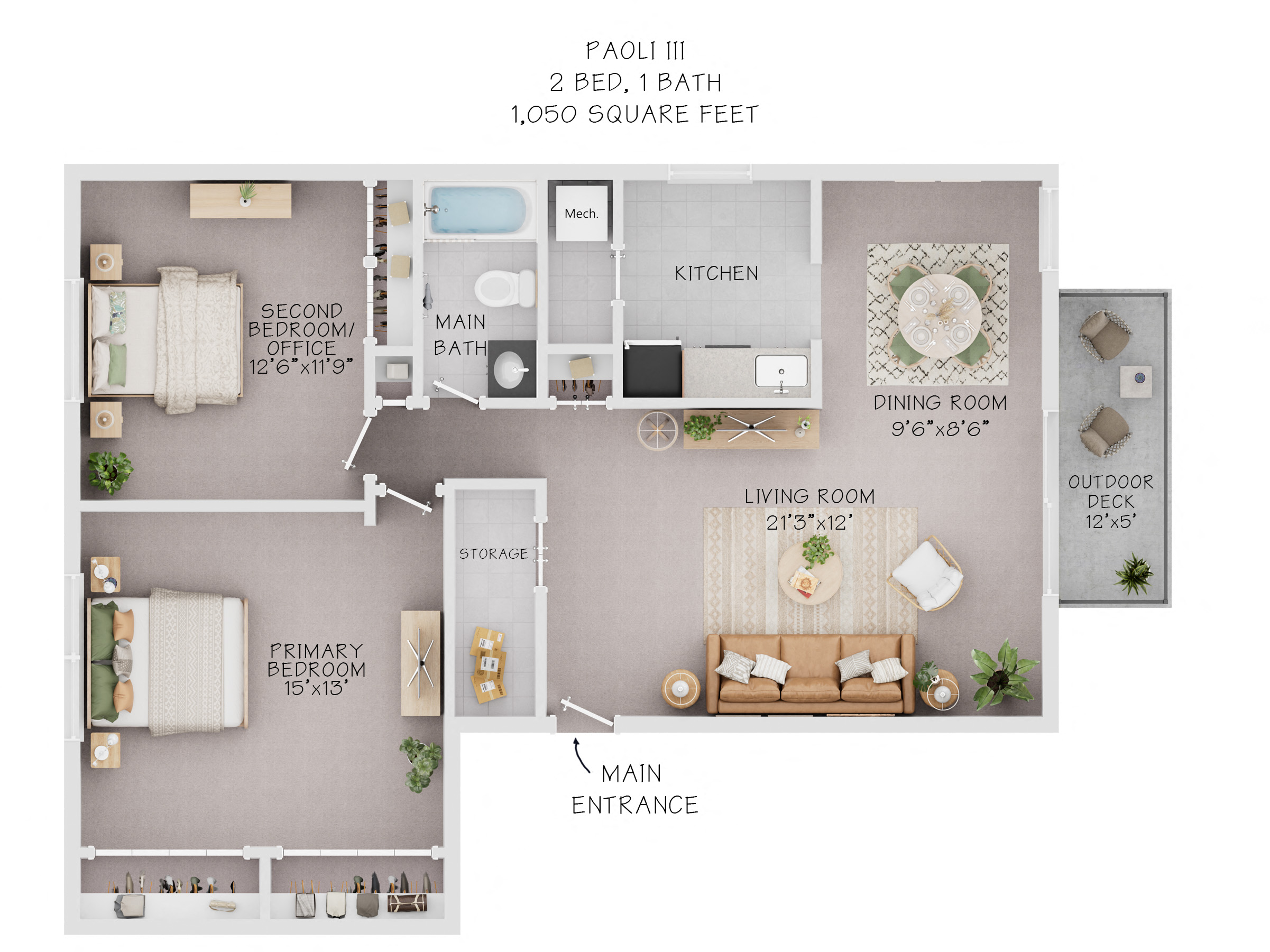 Floor plan for 2 beds, 1 bath, 1050 sqft