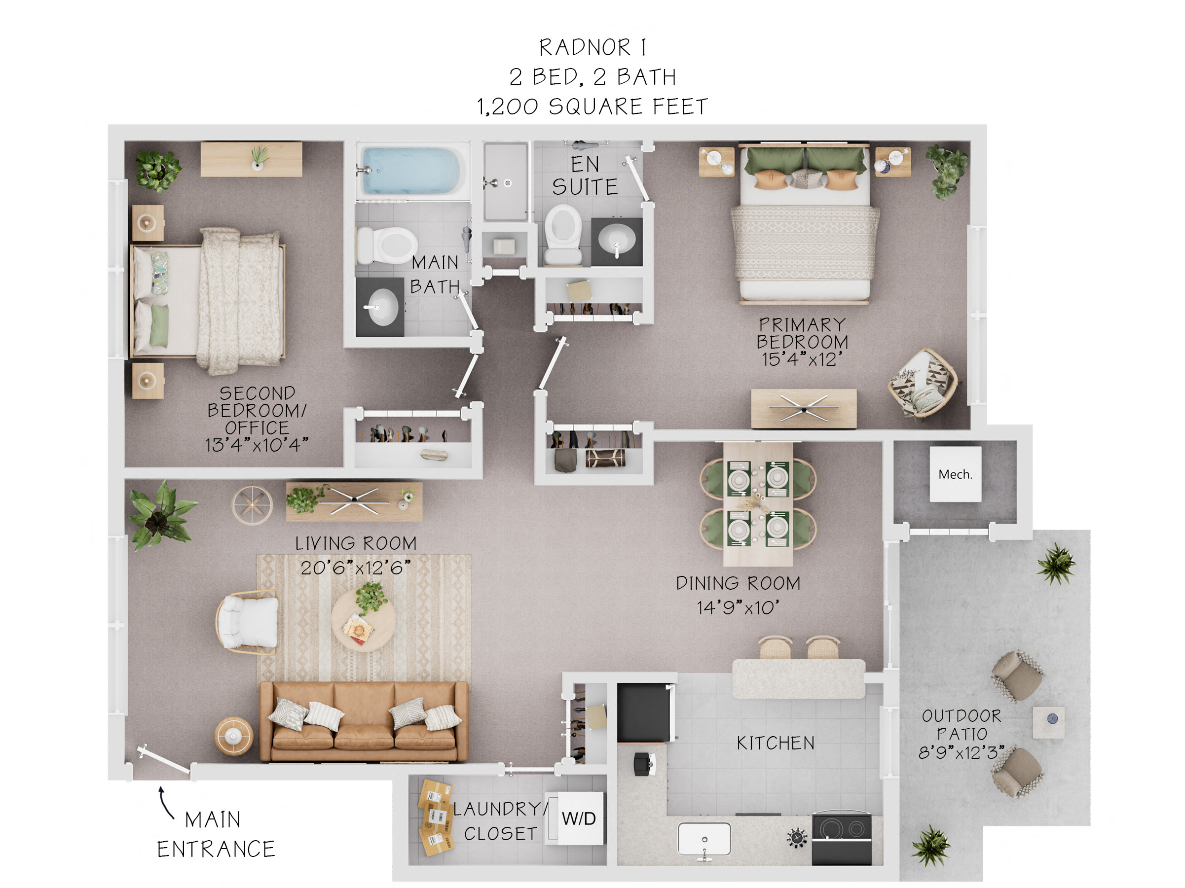 Floor plan for 2 beds, 2 baths, 1200 sqft