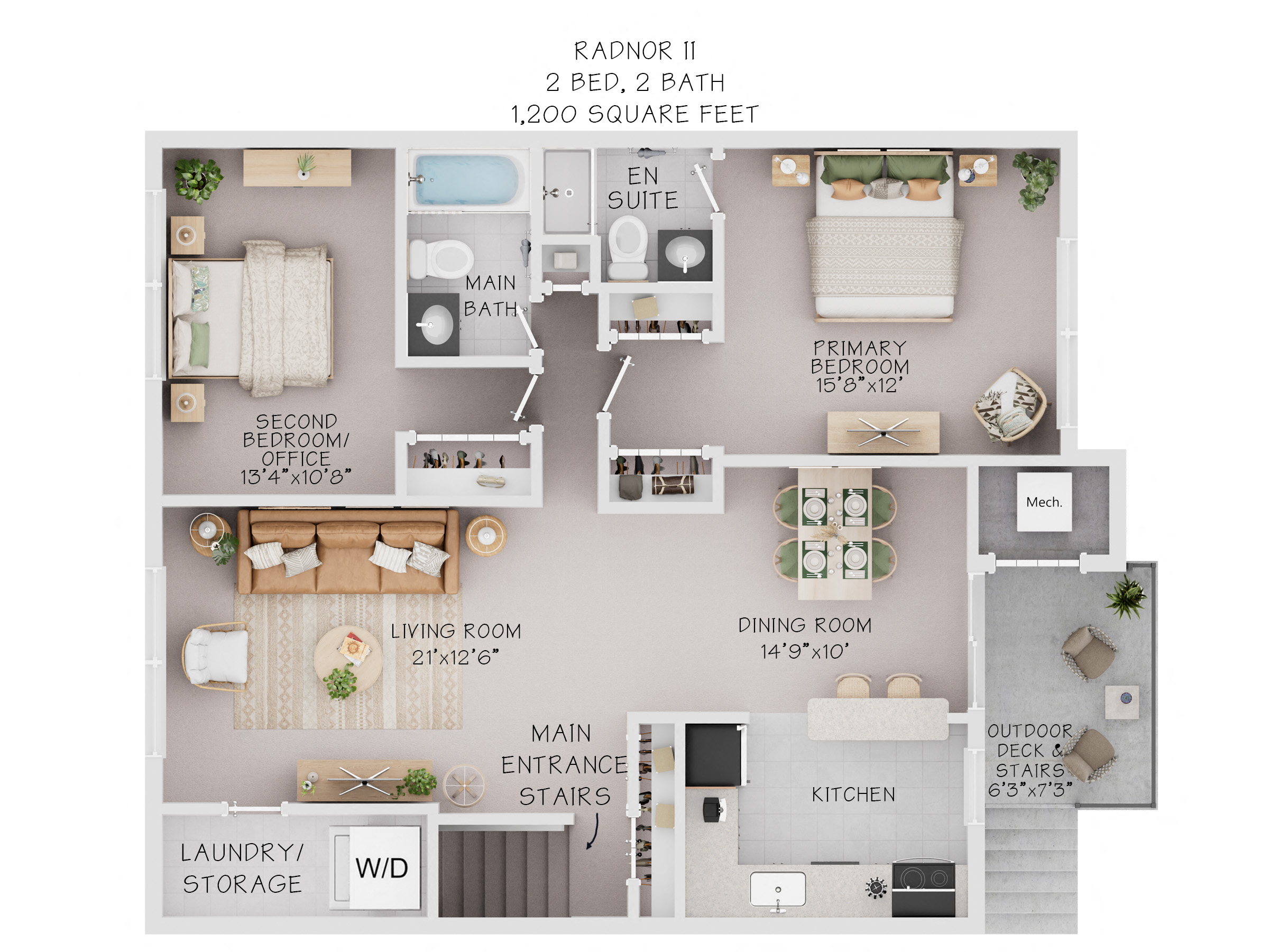 Floor plan for 2 beds, 2 baths, 1200 sqft