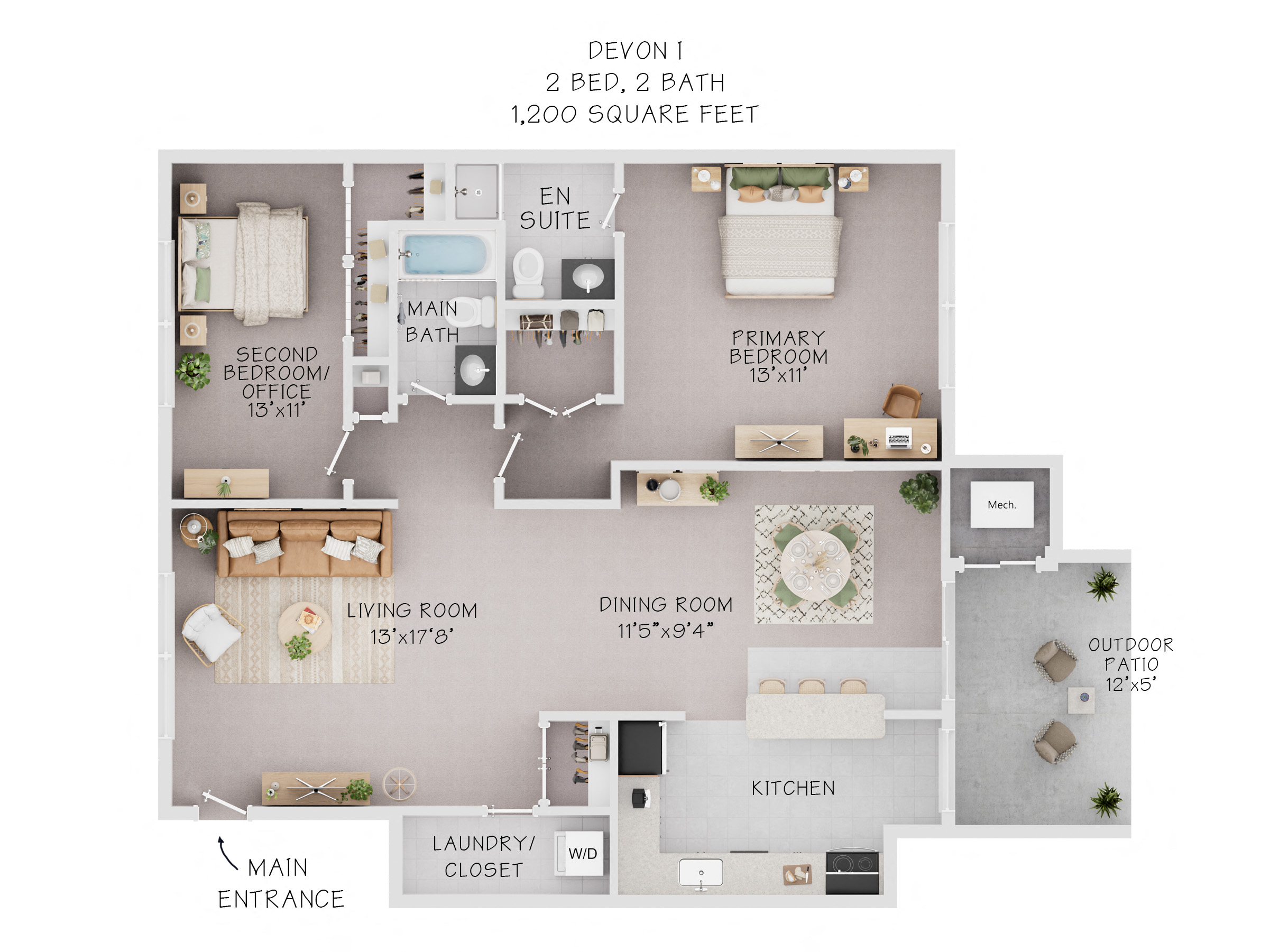 Floor plan for 2 beds, 2 baths, 1200 sqft