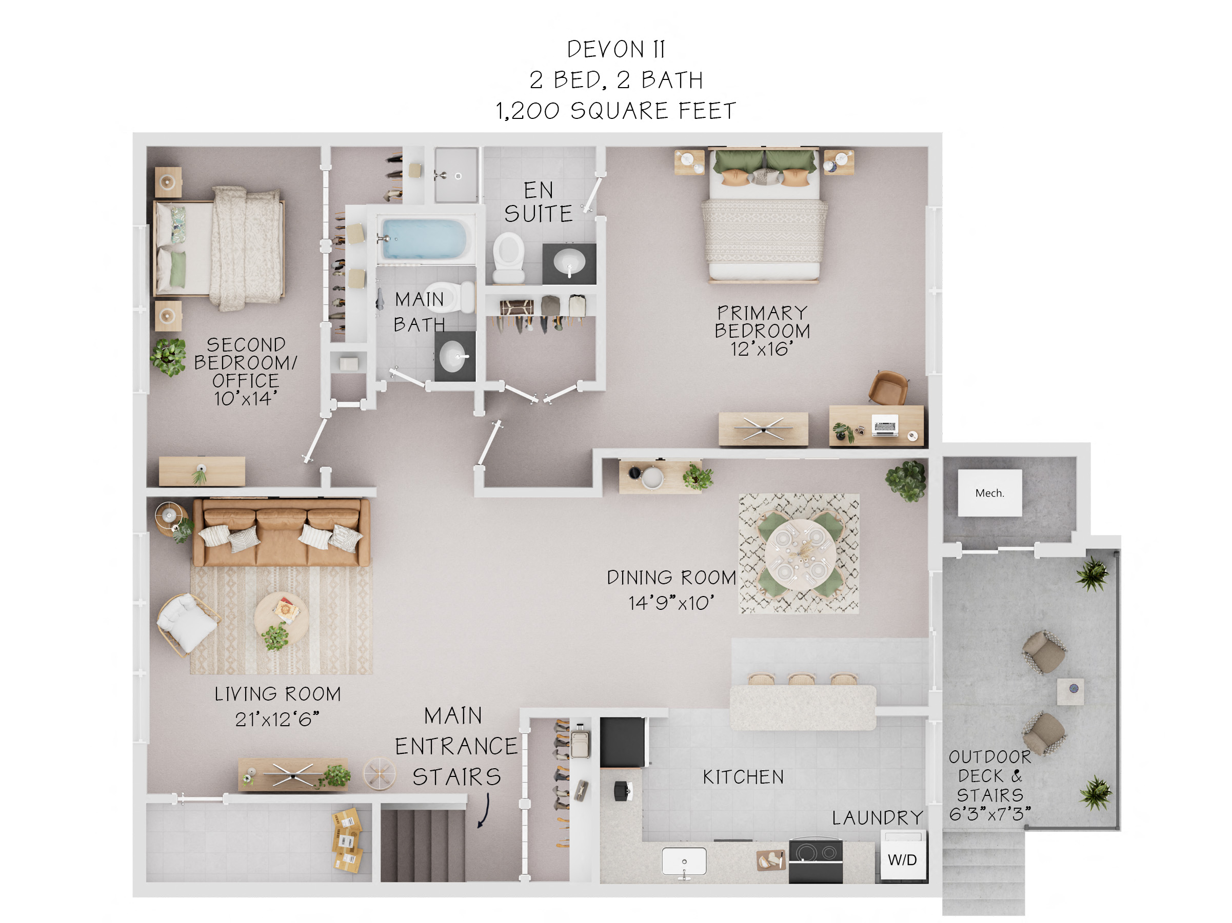 Floor plan for 2 beds, 2 baths, 1200 sqft