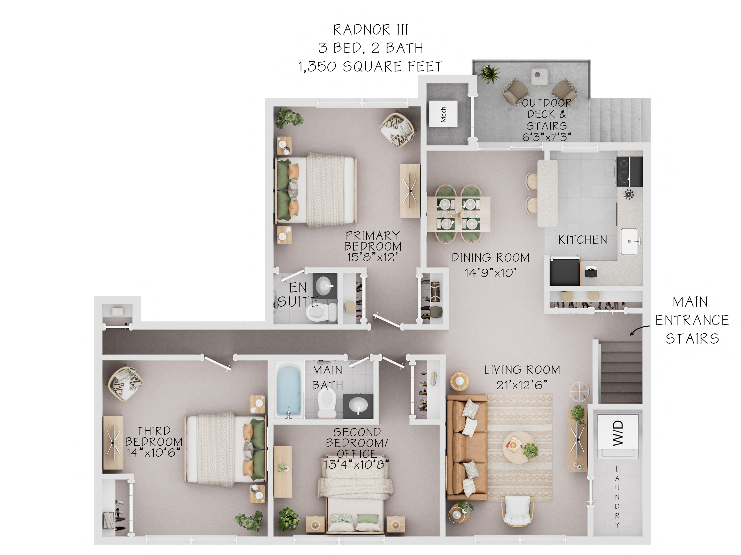 Floor plan for 3 beds, 2 baths, 1350 sqft