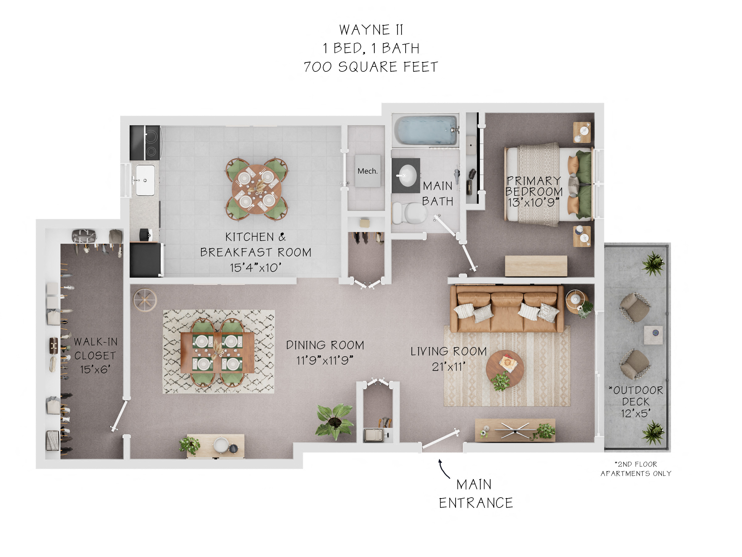 Floor plan for 1 bed, 1 bath, 700 sqft