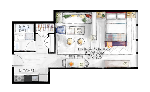 Floor plan for studio, 1 bath, 425 sqft