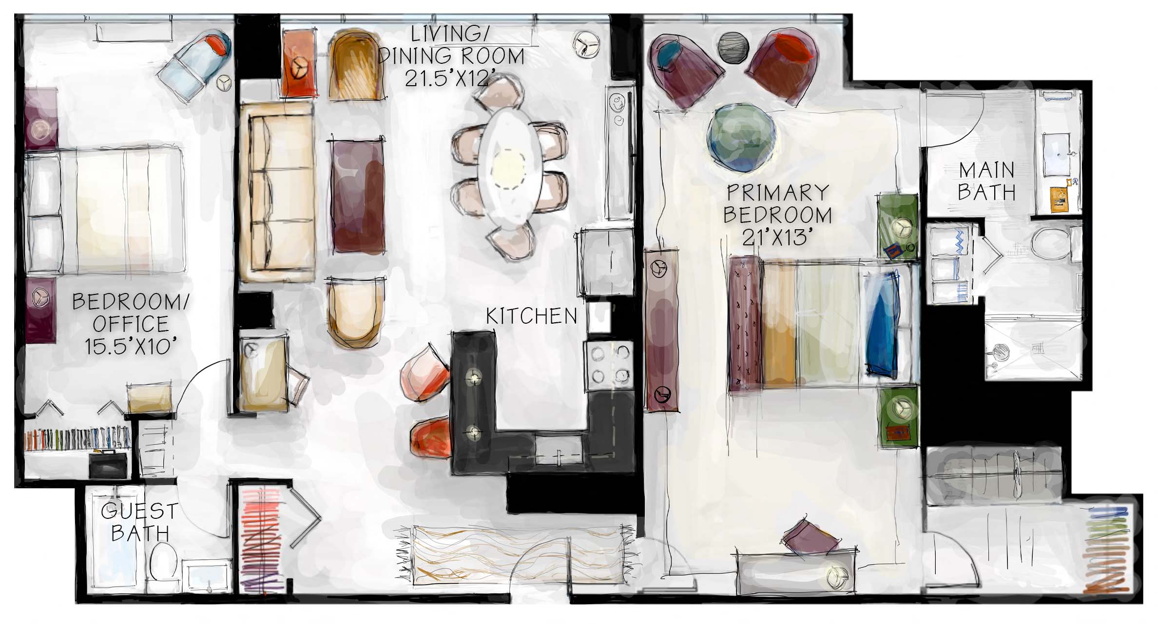 Floor plan for 2 beds, 2 baths, 1180 sqft