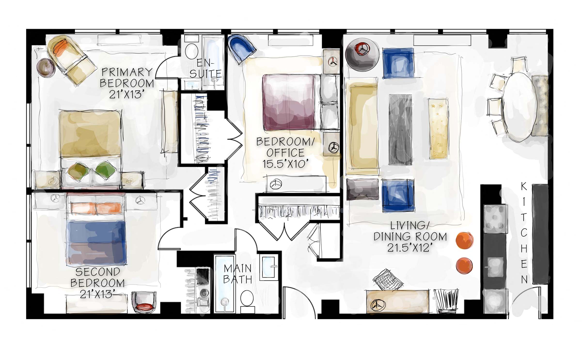 Floor plan for 3 beds, 2 baths, 1300 sqft