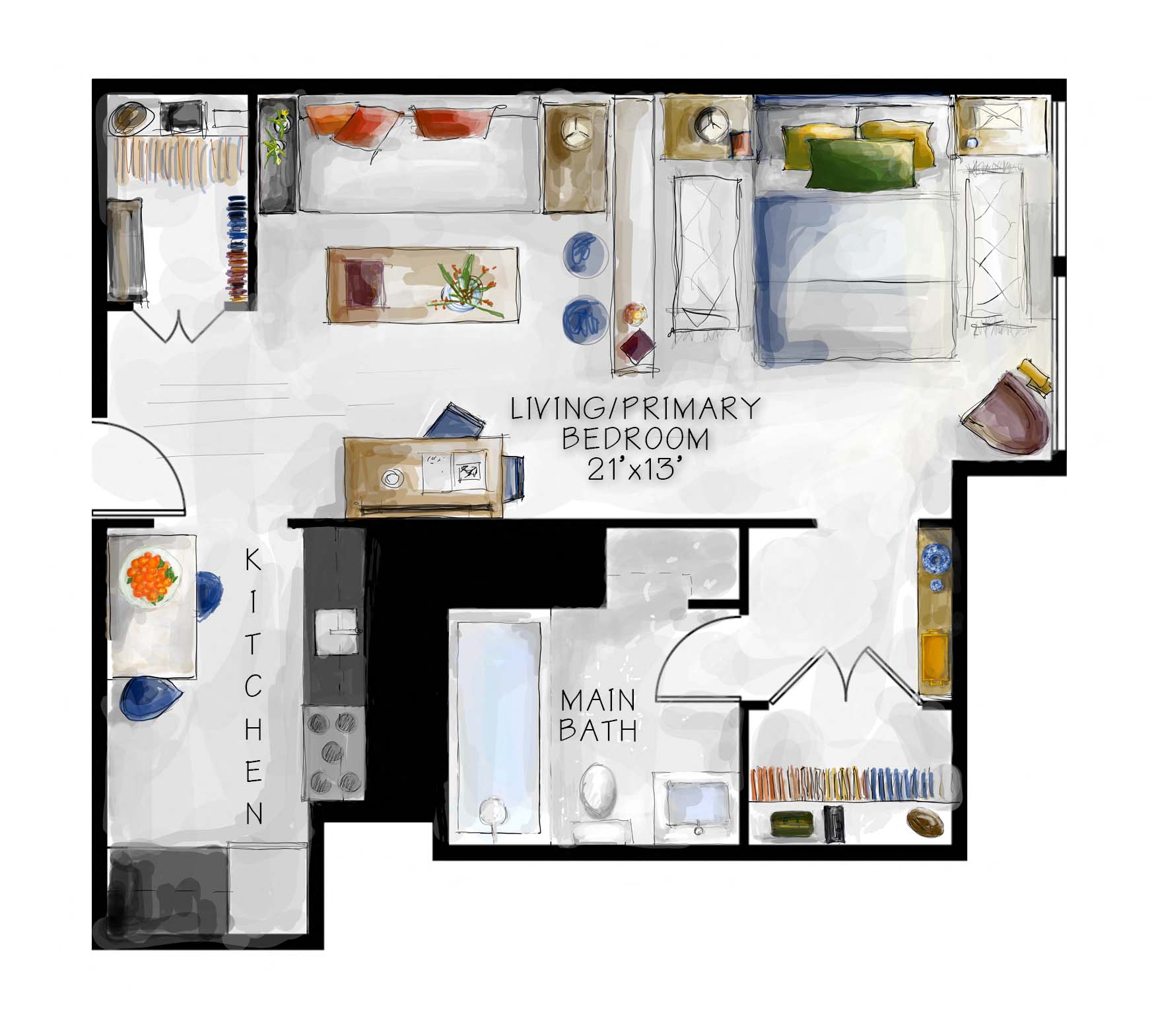 Floor plan for studio, 1 bath, 475 sqft