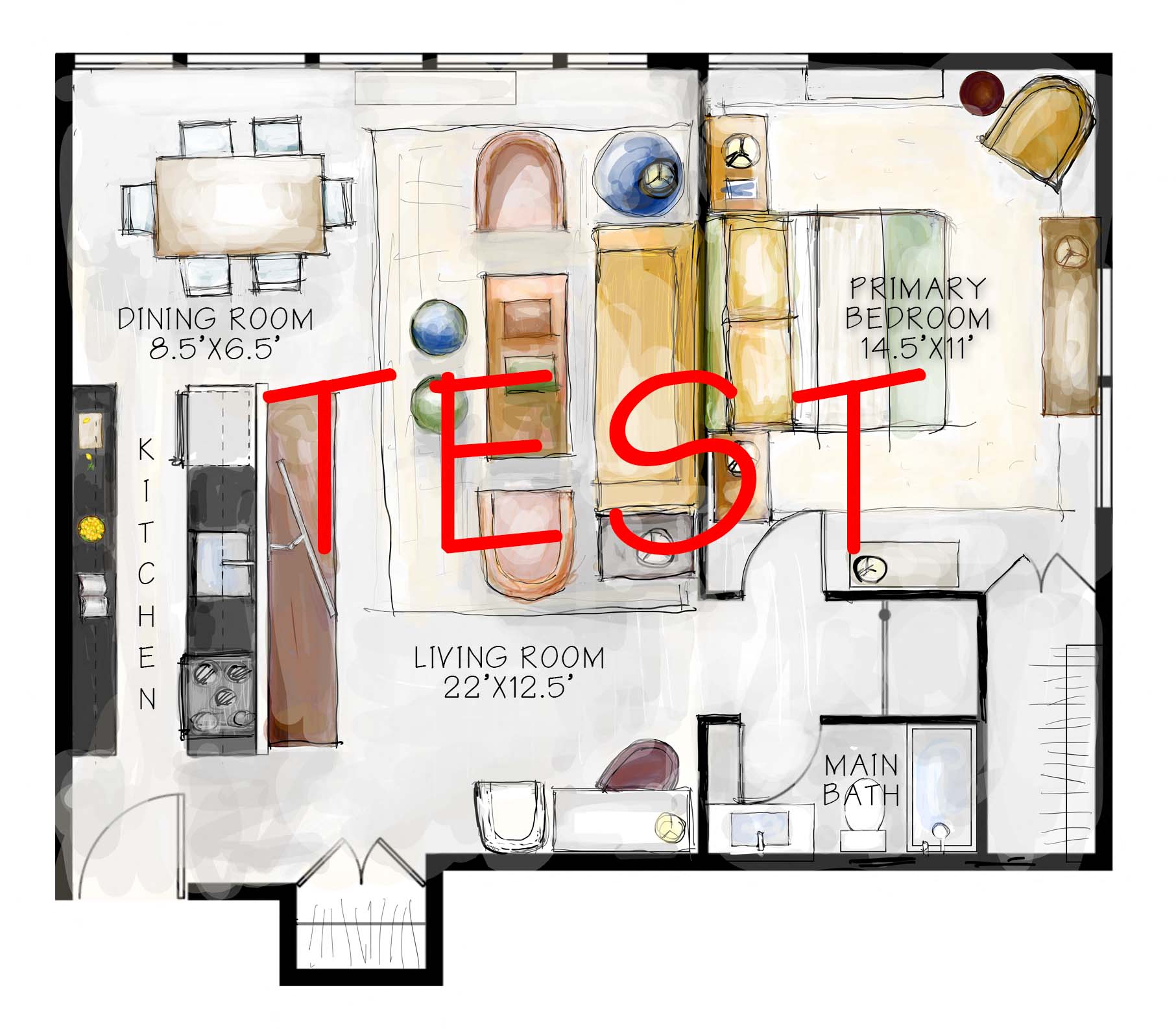 Floor plan for 1 bed, 1 bath, 700 sqft