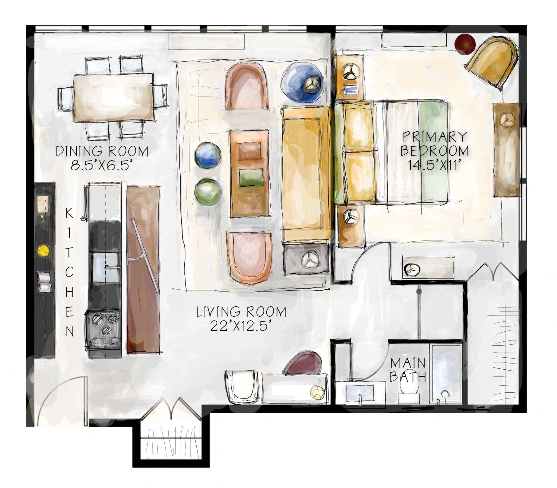 Floor plan for 1 bed, 1 bath, 875 sqft