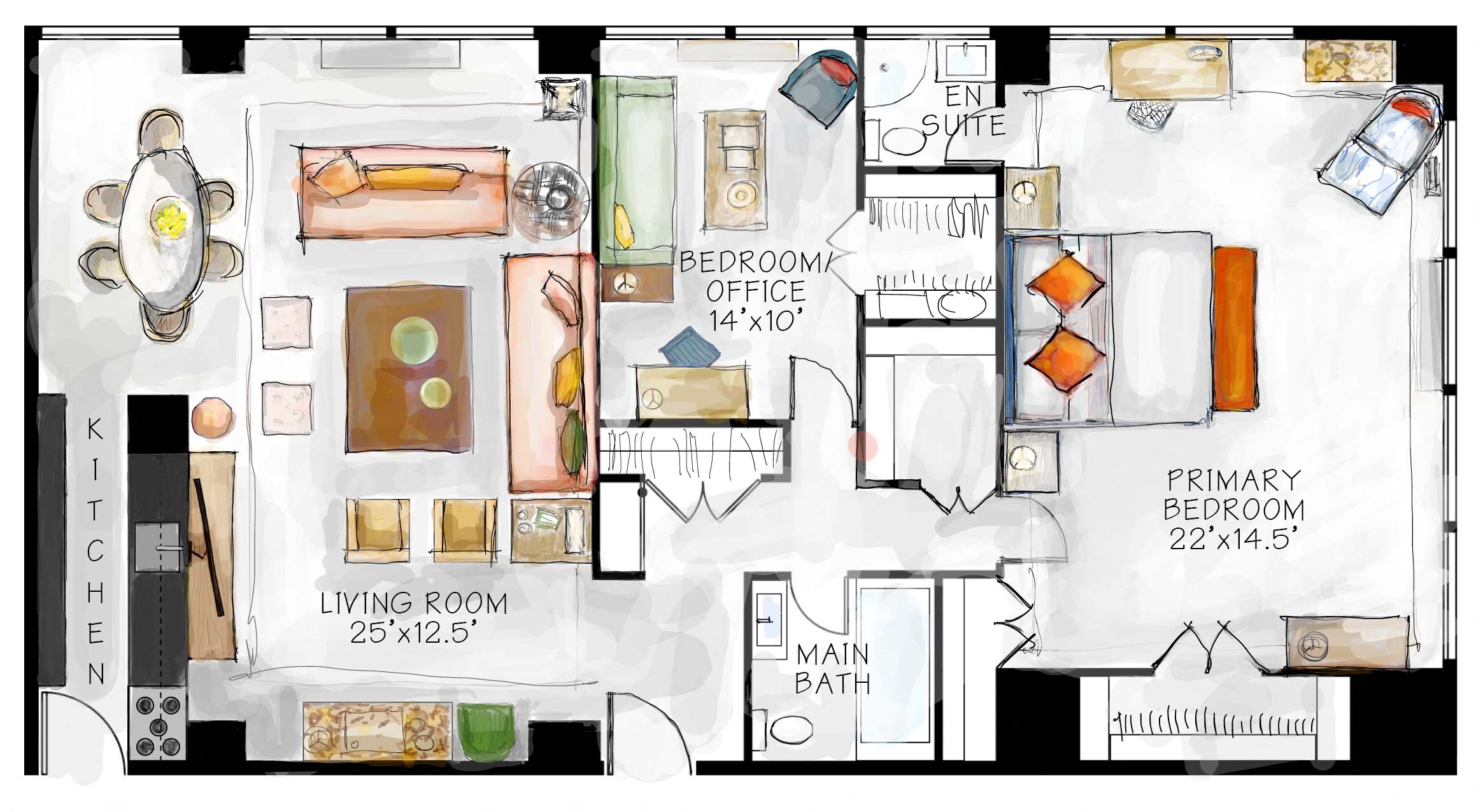 Floor plan for 2 beds, 2 baths, 1300 sqft