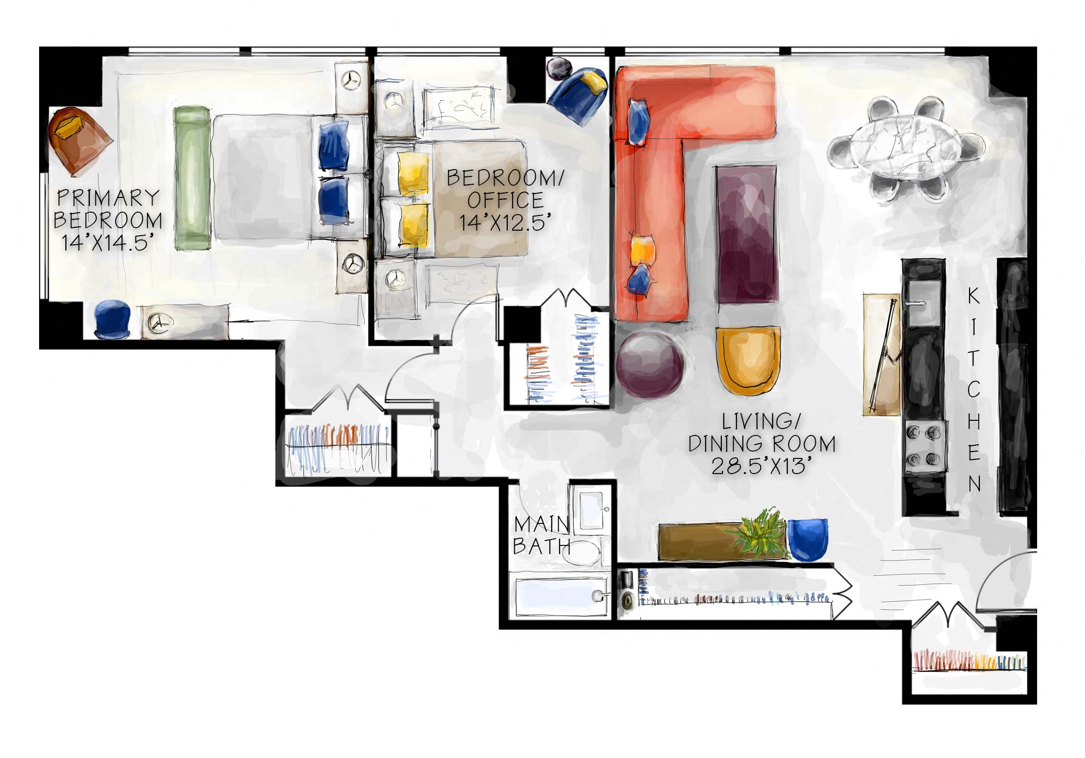 Floor plan for 2 beds, 1 bath, 1000 sqft