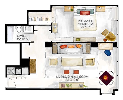 Floor plan for 1 bed, 1 bath, 575 sqft