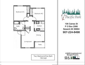 Seward apartment for rent - A floor plan for a two bedroom, one bath apartment at Pacific Park.
